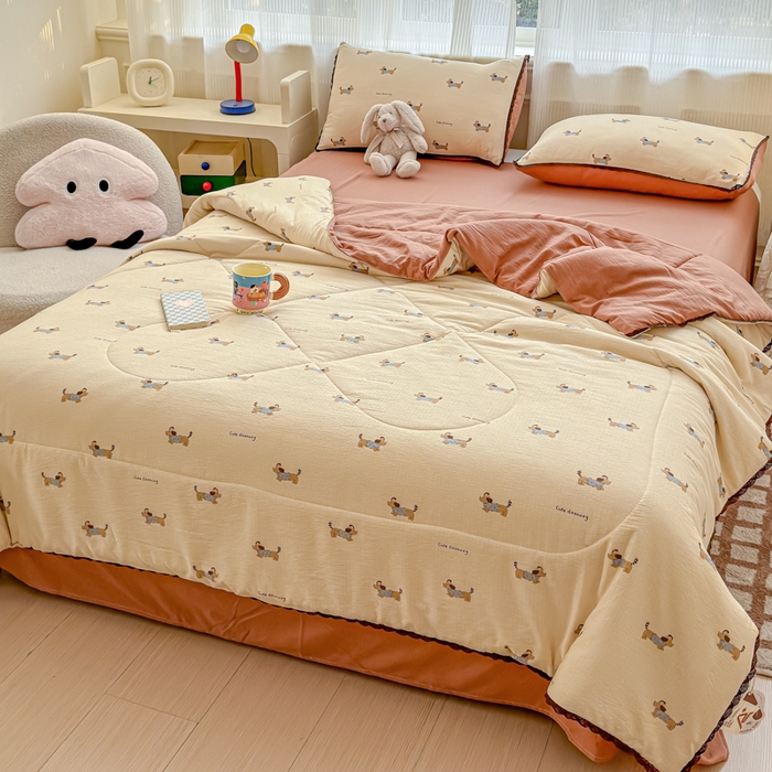 91家纺网 家纺一手货源 找家纺 几禾 2026新款云感双层纱抗菌花边夏被-晴风系列 晴风-俏皮狗