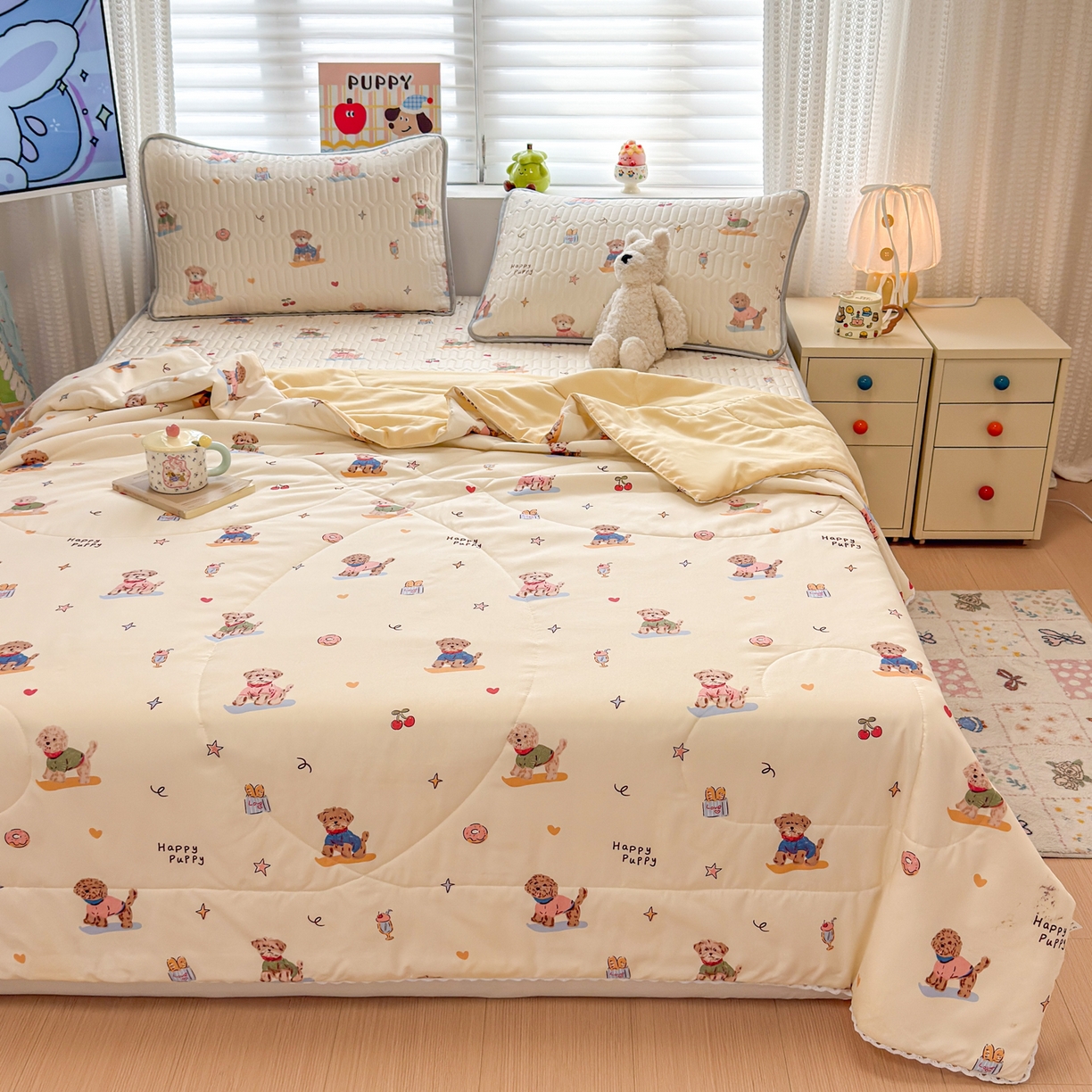 91家纺网 家纺一手货源 找家纺 慕尚家纺 2026新款水洗棉可爱小清新夏被空调被夏凉被 魔法小狗