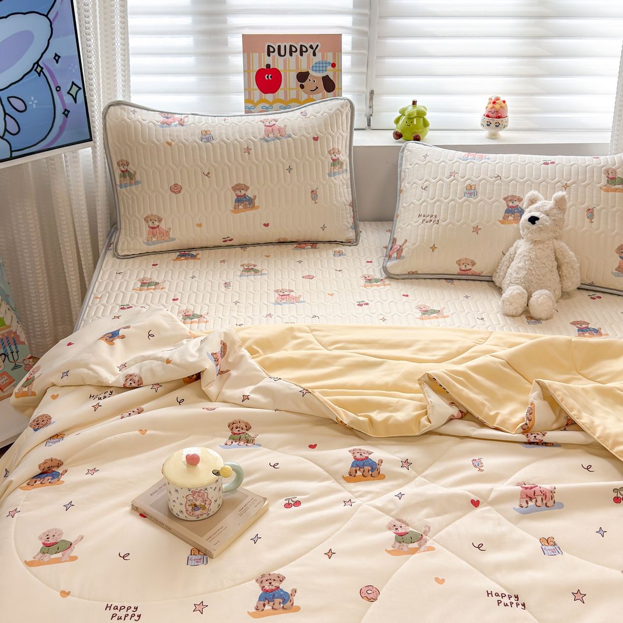 91家纺网 家纺一手货源 找家纺 慕尚家纺 2026新款水洗棉可爱小清新夏被空调被夏凉被 魔法小狗