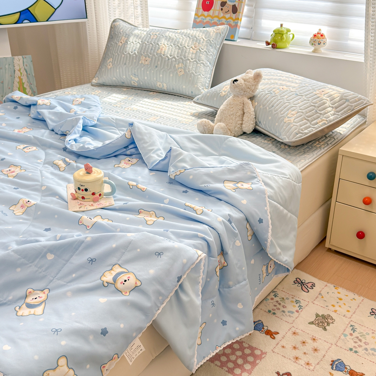 91家纺网 家纺一手货源 找家纺 慕尚家纺 2026新款水洗棉可爱小清新夏被空调被夏凉被 糯米狗