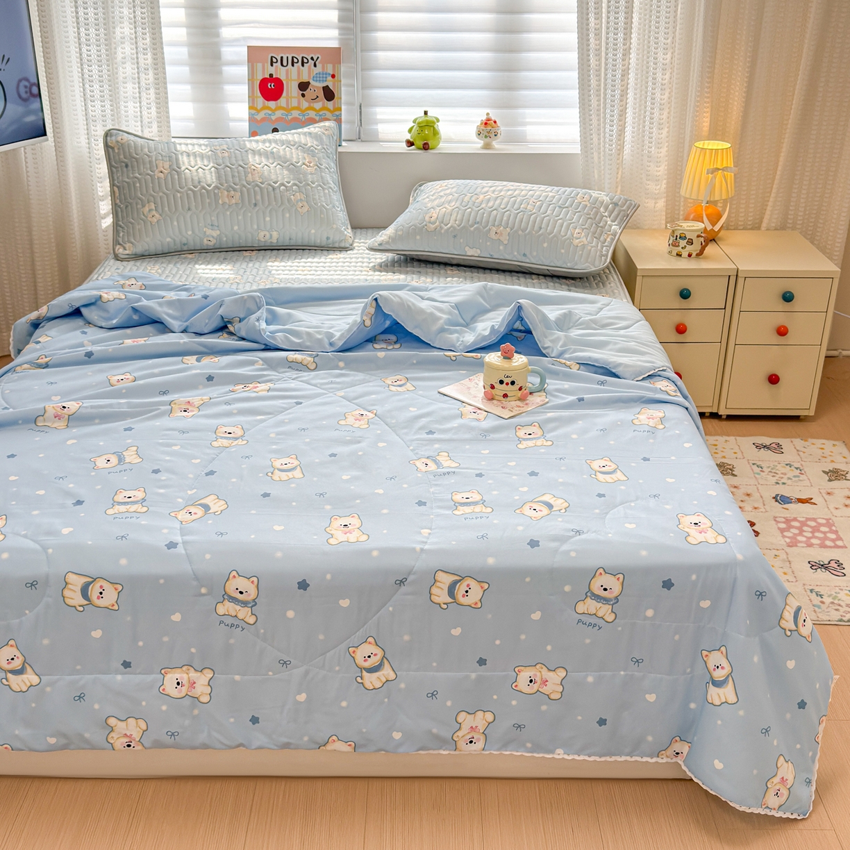 91家纺网 家纺一手货源 找家纺 慕尚家纺 2026新款水洗棉可爱小清新夏被空调被夏凉被 糯米狗