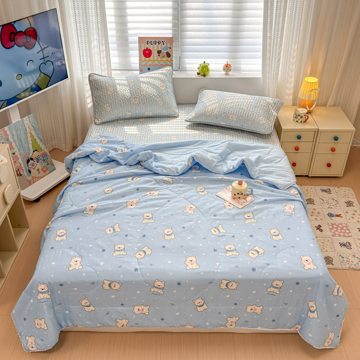 91家纺网 家纺一手货源 找家纺 慕尚家纺 2026新款水洗棉可爱小清新夏被空调被夏凉被 糯米狗