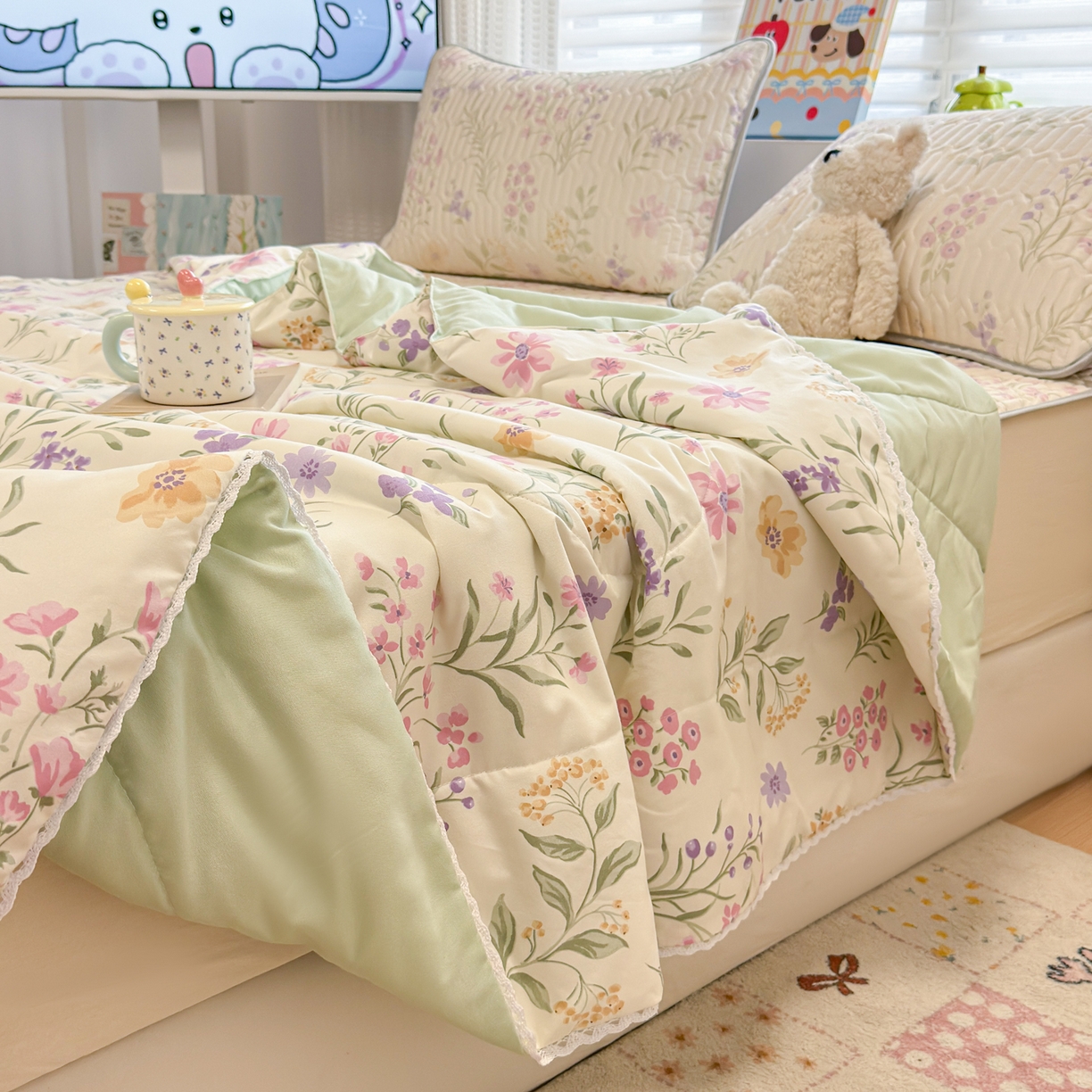 91家纺网 家纺一手货源 找家纺 慕尚家纺 2026新款水洗棉可爱小清新夏被空调被夏凉被 水仙花