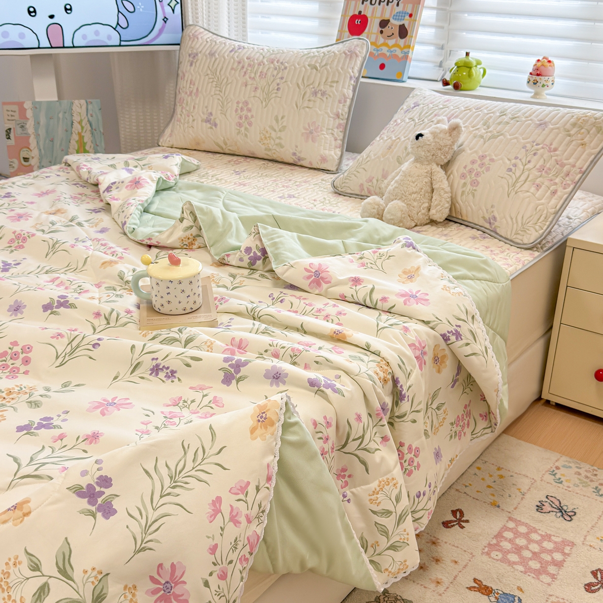 91家纺网 家纺一手货源 找家纺 慕尚家纺 2026新款水洗棉可爱小清新夏被空调被夏凉被 水仙花