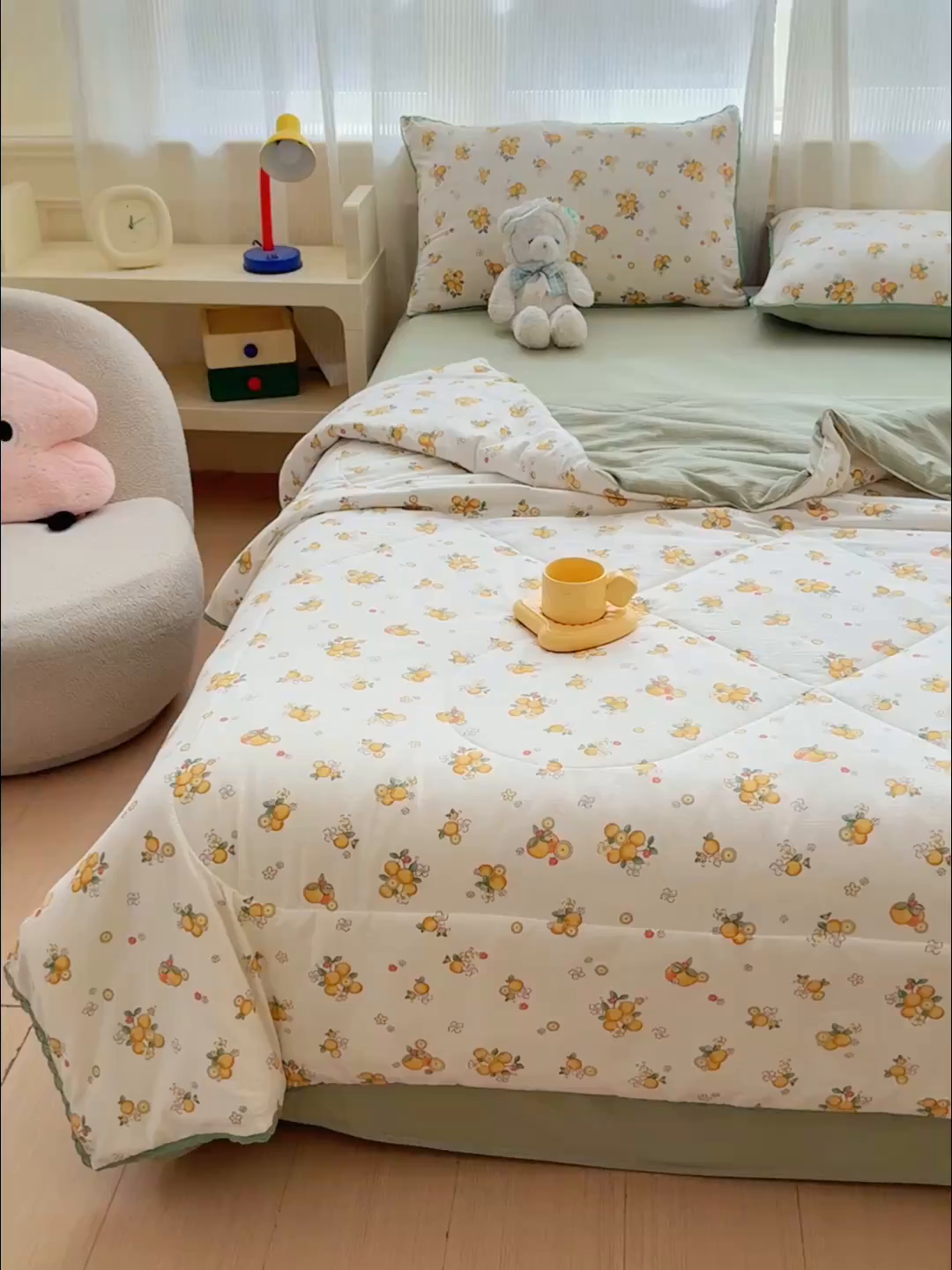 91家纺网 家纺一手货源 找家纺 几禾 2026新款云感双层纱抗菌花边夏被-晴风系列 晴风-甜橙花事