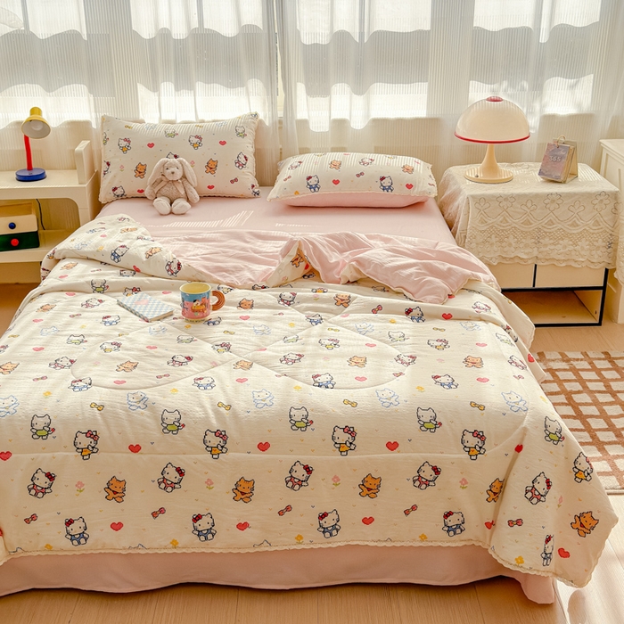 91家纺网 家纺一手货源 找家纺 几禾 2026新款云感双层纱抗菌花边夏被-晴风系列 晴风-像素小猫