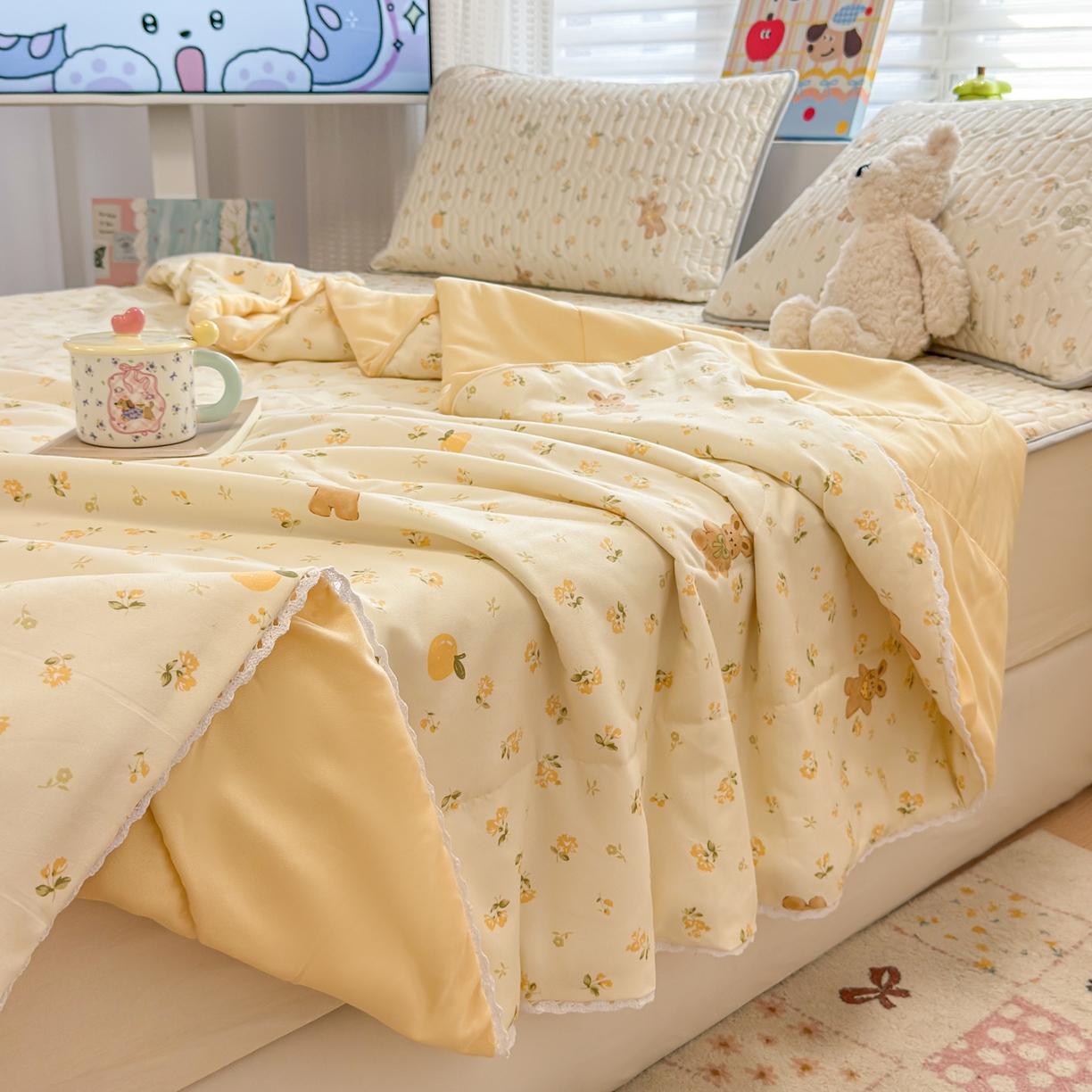 91家纺网 家纺一手货源 找家纺 慕尚家纺 2026新款水洗棉可爱小清新夏被空调被夏凉被 元气小熊