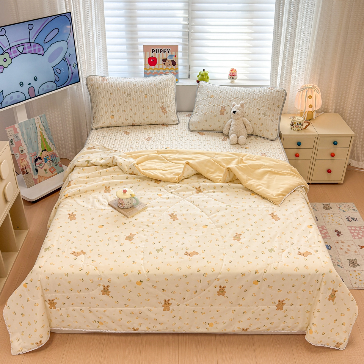 91家纺网 家纺一手货源 找家纺 慕尚家纺 2026新款水洗棉可爱小清新夏被空调被夏凉被 元气小熊