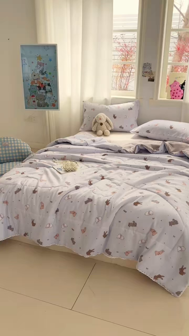91家纺网 家纺一手货源 找家纺 慕尚家纺 2026新款水洗棉可爱小清新夏被空调被夏凉被 中国白兔