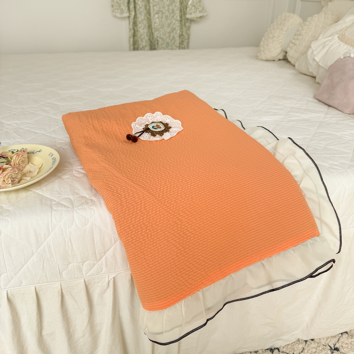 91家纺网 家纺一手货源 找家纺 潮邦创意家居 2026新款韩版花边奶芙豆豆夏被夏凉被空调被盖毯-纱雾时光系列 蜜橘气泡