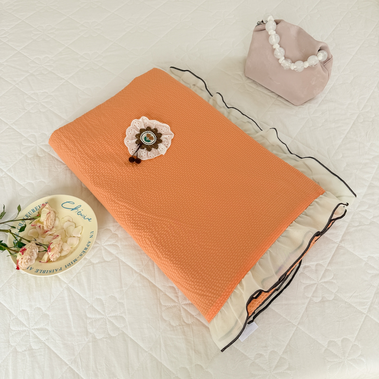 91家纺网 家纺一手货源 找家纺 潮邦创意家居 2026新款韩版花边奶芙豆豆夏被夏凉被空调被盖毯-纱雾时光系列 蜜橘气泡