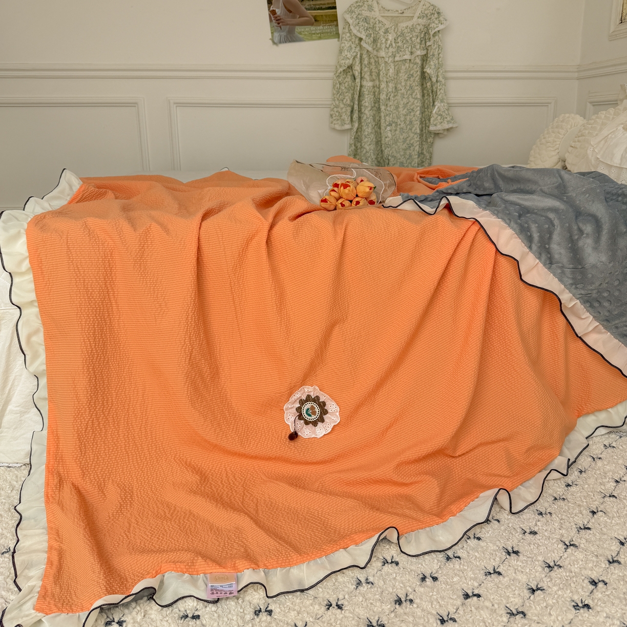 91家纺网 家纺一手货源 找家纺 潮邦创意家居 2026新款韩版花边奶芙豆豆夏被夏凉被空调被盖毯-纱雾时光系列 蜜橘气泡