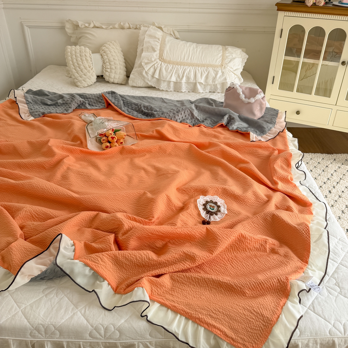 91家纺网 家纺一手货源 找家纺 潮邦创意家居 2026新款韩版花边奶芙豆豆夏被夏凉被空调被盖毯-纱雾时光系列 蜜橘气泡