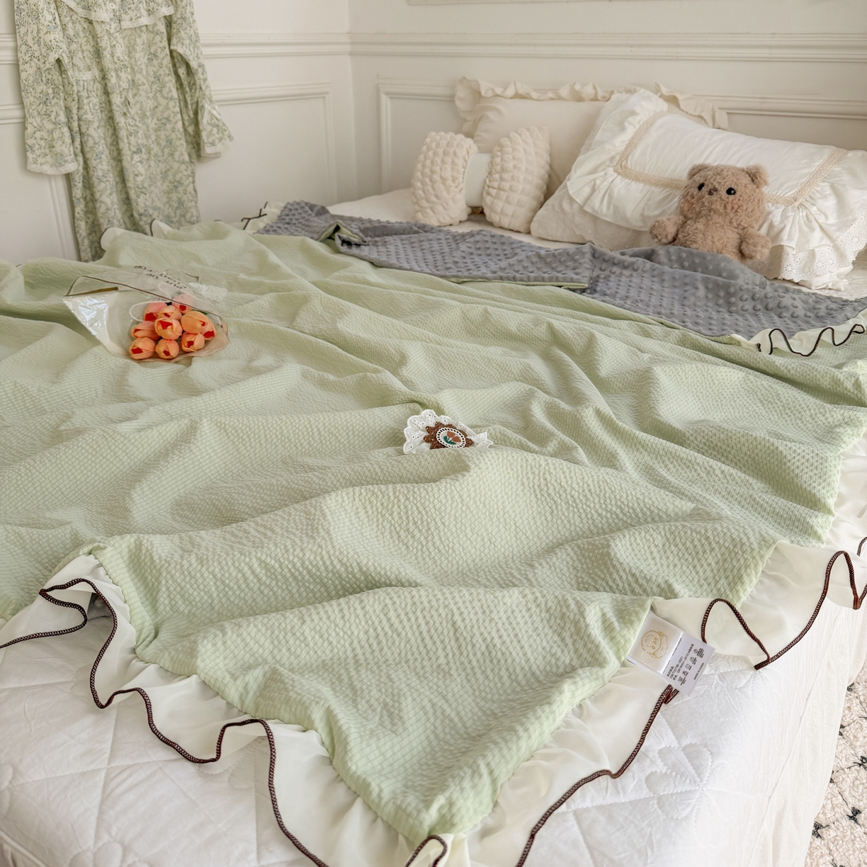 潮邦创意家居 2026新款韩版花边奶芙豆豆夏被夏凉被空调被盖毯-纱雾时光系列 青提奶绿
