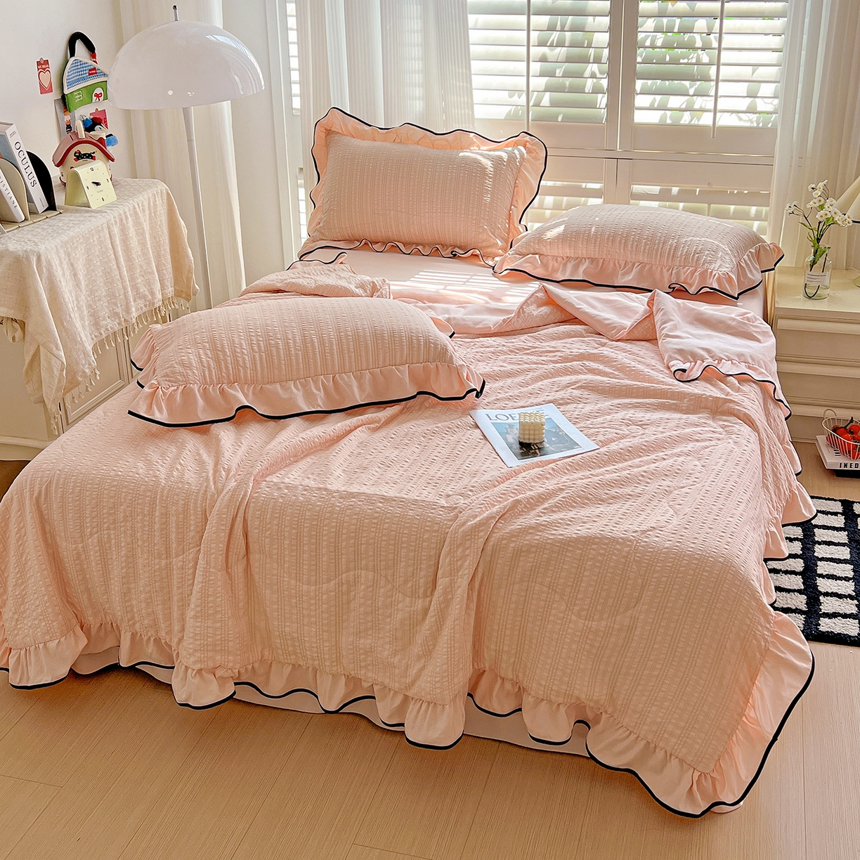 91家纺网 家纺一手货源 找家纺 （总）一比一家纺 2026新款纯色花边款夏被四件套