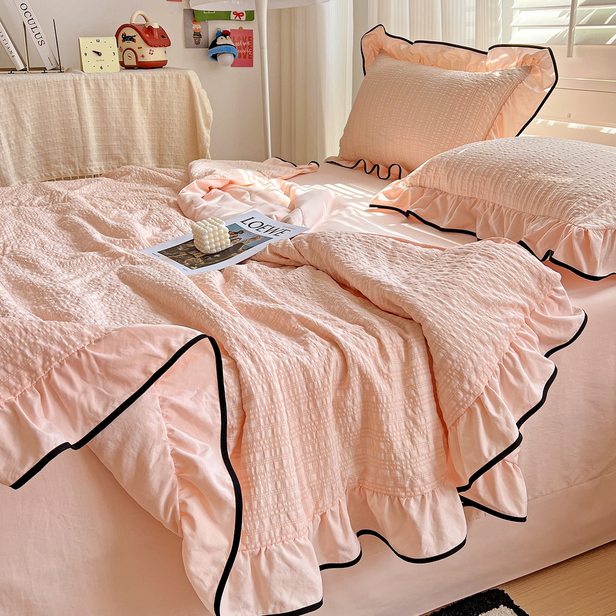 91家纺网 家纺一手货源 找家纺 （总）一比一家纺 2026新款纯色花边款夏被四件套