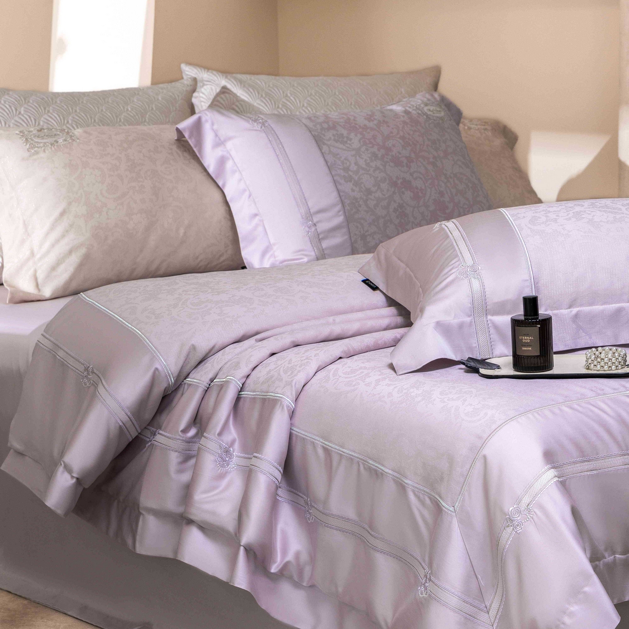 91家纺网 家纺一手货源 找家纺 馨蕊家居 2026春夏新款天丝棉提花刺绣四件套-丽笙 棉丽笙-婉若紫