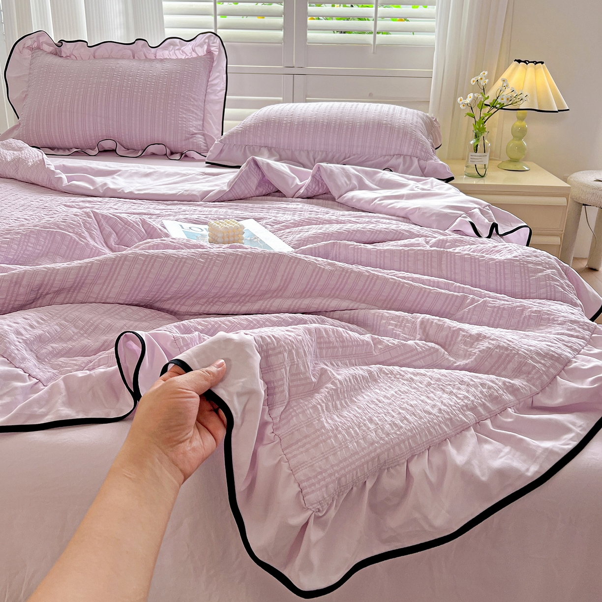 91家纺网 家纺一手货源 找家纺 （总）一比一家纺 2026新款纯色花边款夏被四件套