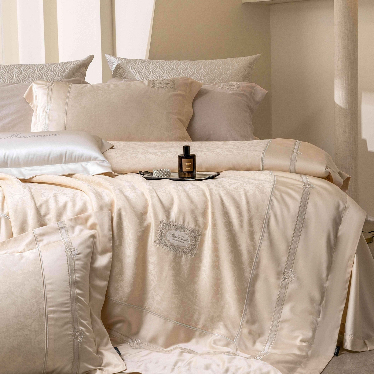 馨蕊家居 2026春夏新款天丝棉提花刺绣四件套-丽笙 棉丽笙-奶咖