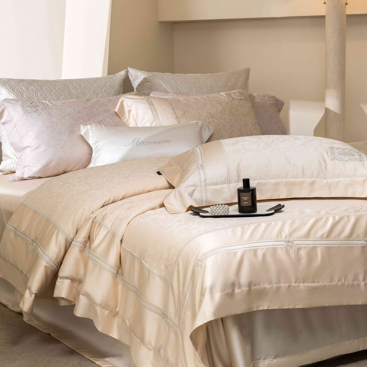 91家纺网 家纺一手货源 找家纺 馨蕊家居 2026春夏新款天丝棉提花刺绣四件套-丽笙 棉丽笙-奶咖