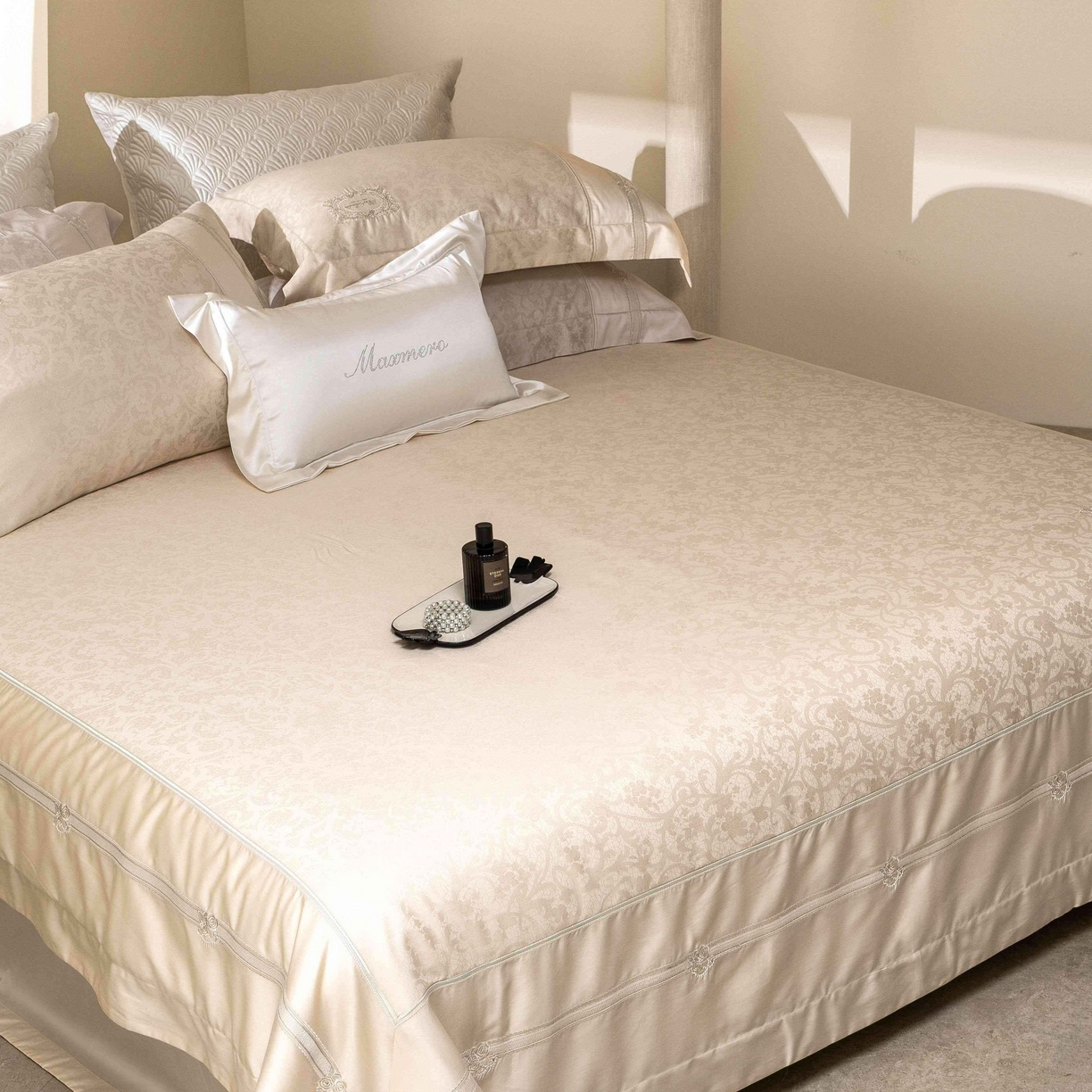 91家纺网 家纺一手货源 找家纺 馨蕊家居 2026春夏新款天丝棉提花刺绣四件套-丽笙 棉丽笙-奶咖