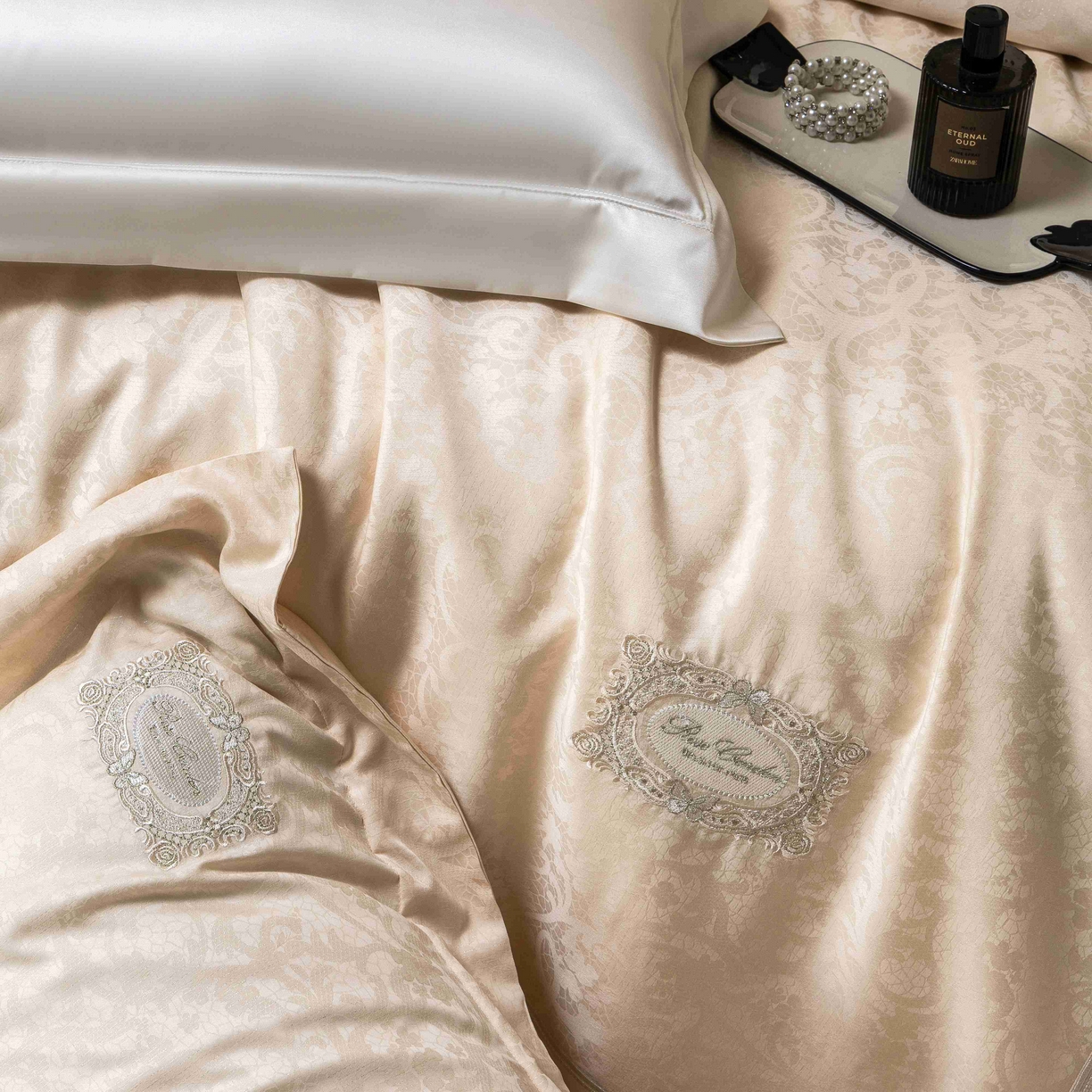 91家纺网 家纺一手货源 找家纺 馨蕊家居 2026春夏新款天丝棉提花刺绣四件套-丽笙 棉丽笙-奶咖