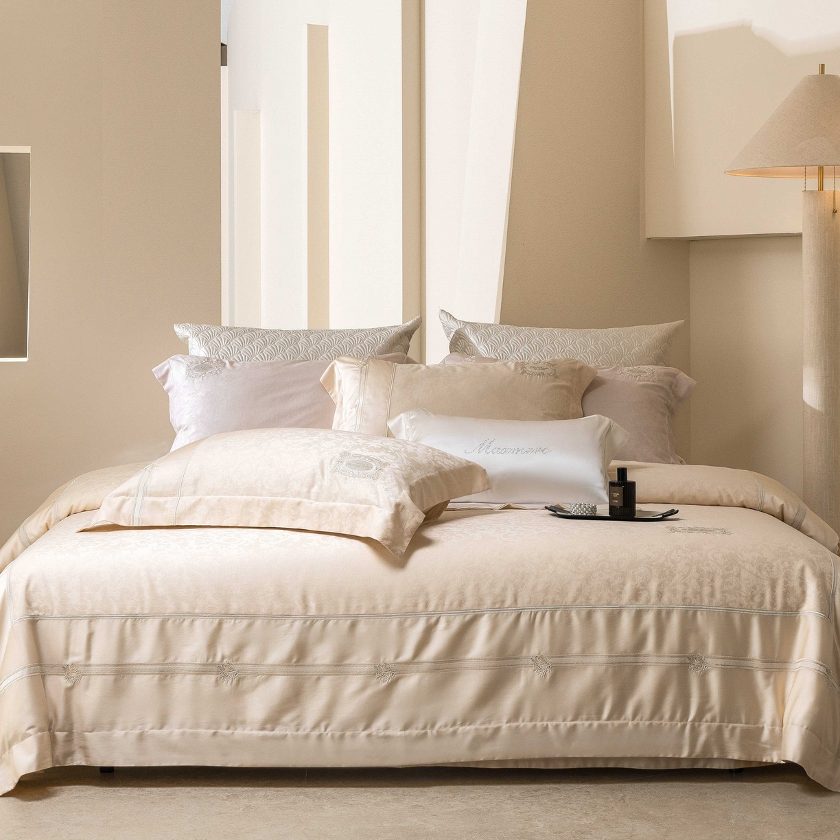 91家纺网 家纺一手货源 找家纺 馨蕊家居 2026春夏新款天丝棉提花刺绣四件套-丽笙 棉丽笙-奶咖