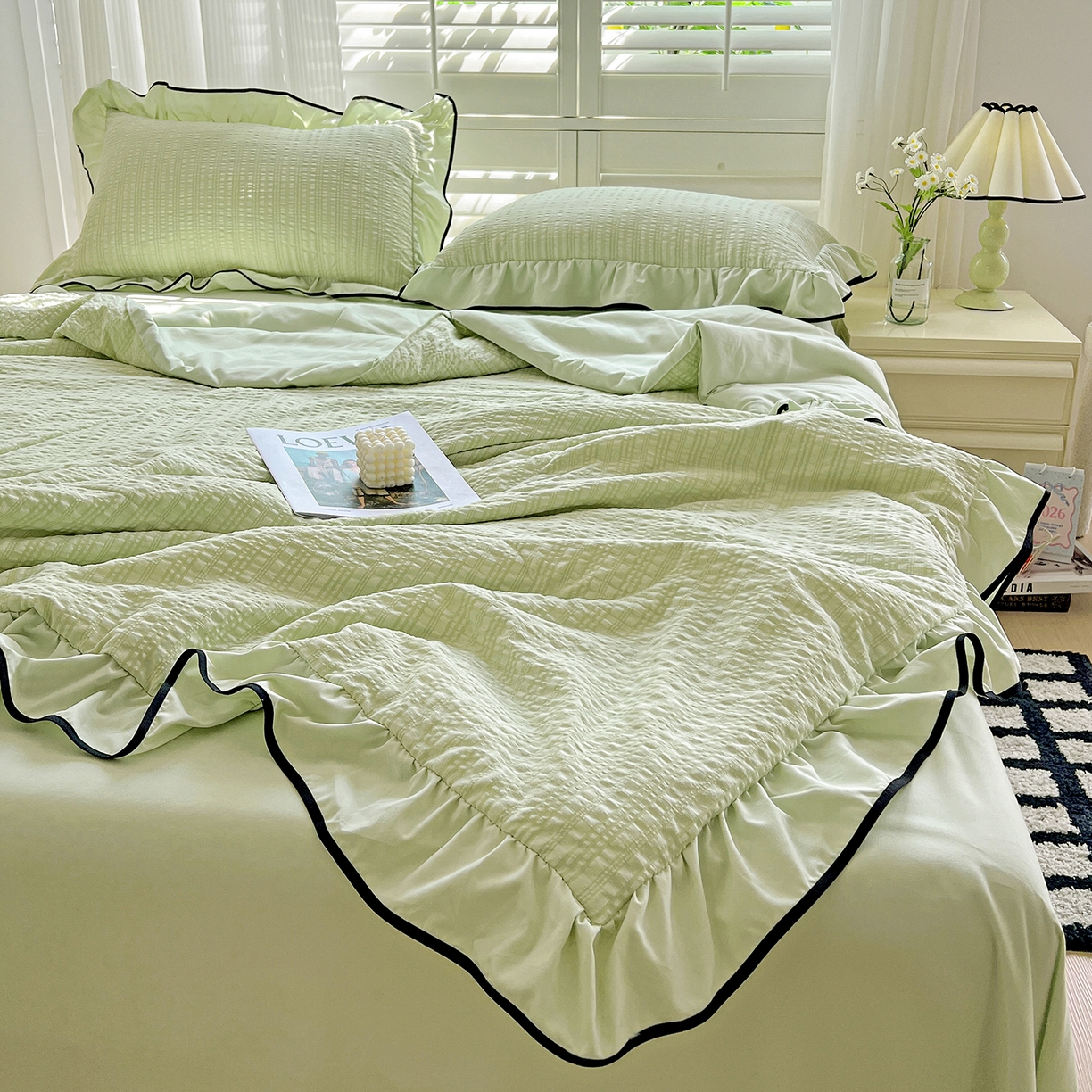 91家纺网 家纺一手货源 找家纺 一比一家纺 2026新款纯色花边款夏被四件套 芥末绿