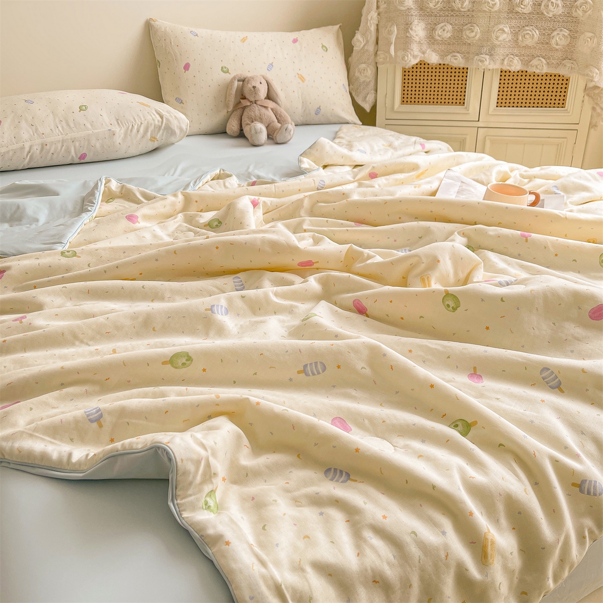 91家纺网 家纺一手货源 找家纺 （总）小禹仔家纺 2026新款A类印花双层纱凉感大豆夏被