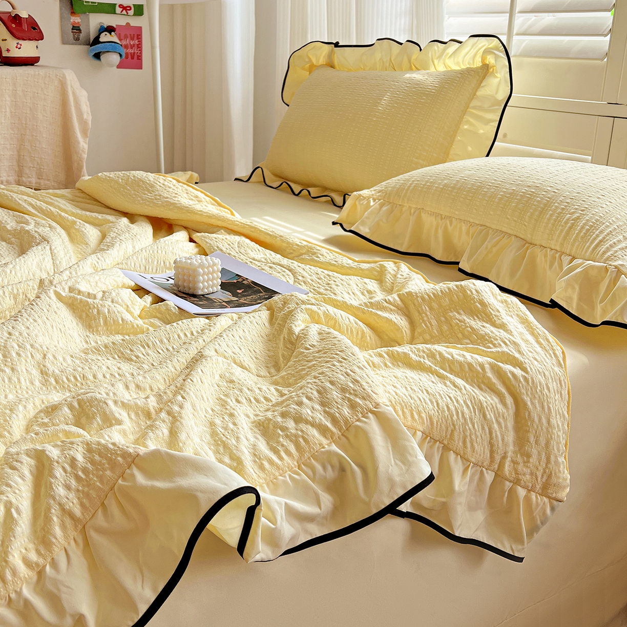 91家纺网 家纺一手货源 找家纺 一比一家纺 2026新款纯色花边款夏被四件套 起司