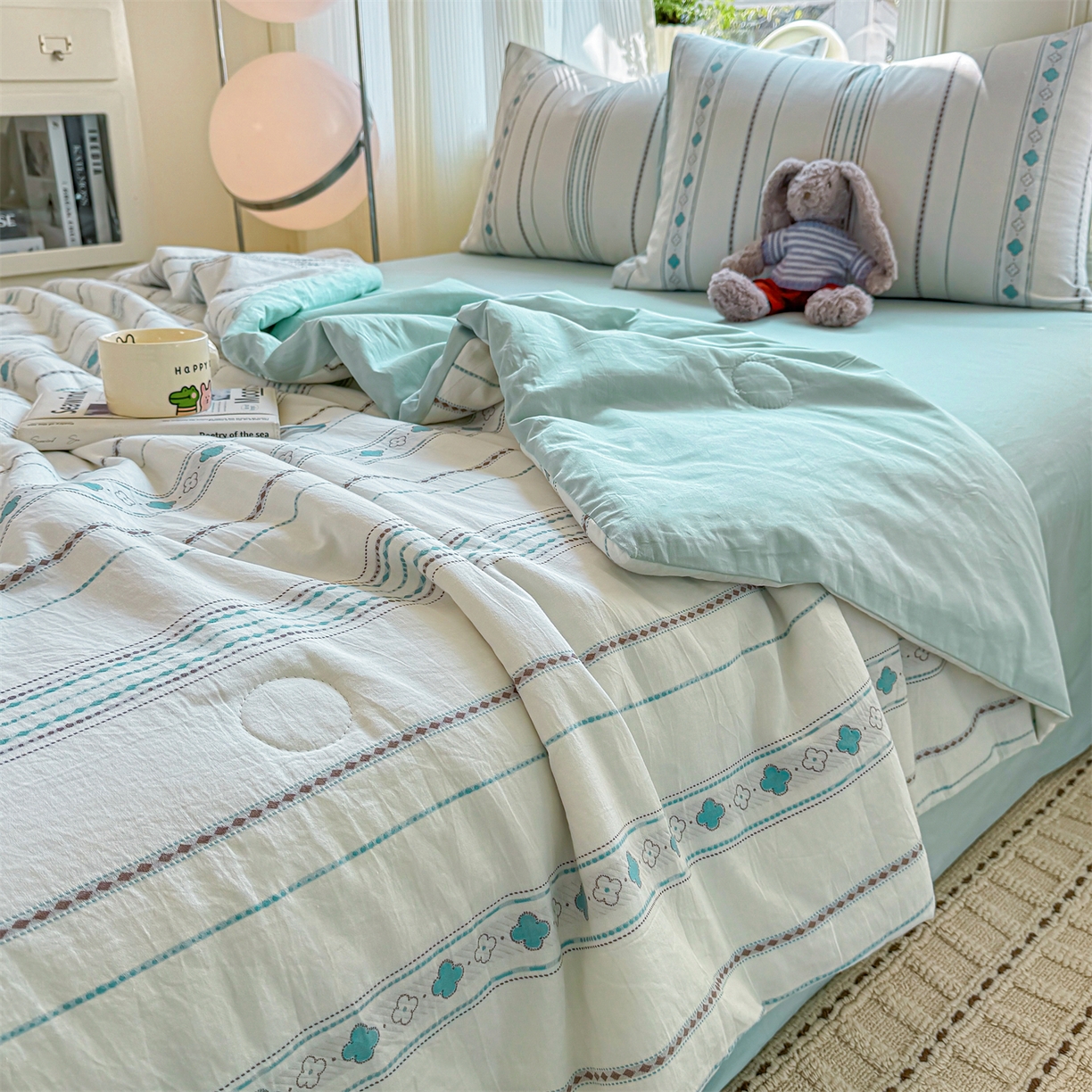 91家纺网 家纺一手货源 找家纺 灰鲸 2026新款全棉色织提花夏被夏凉被空调被 四叶星语-蓝