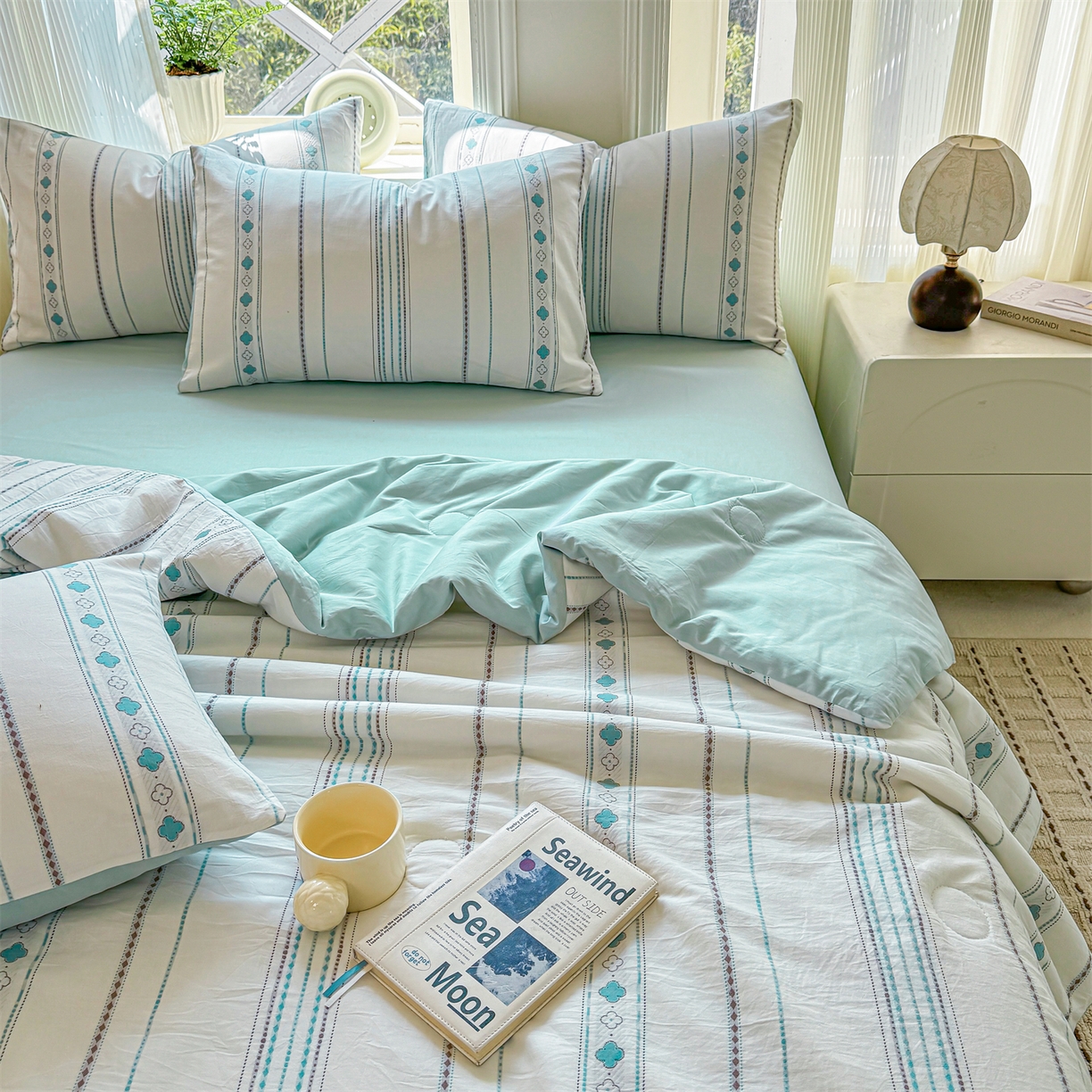 91家纺网 家纺一手货源 找家纺 灰鲸 2026新款全棉色织提花夏被夏凉被空调被 四叶星语-蓝