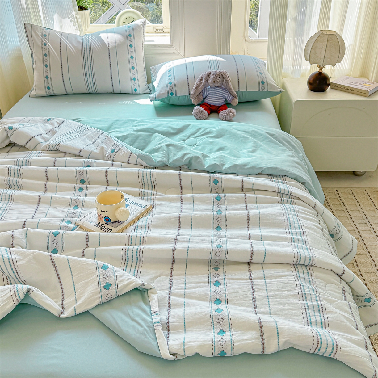 91家纺网 家纺一手货源 找家纺 灰鲸 2026新款全棉色织提花夏被夏凉被空调被 四叶星语-蓝