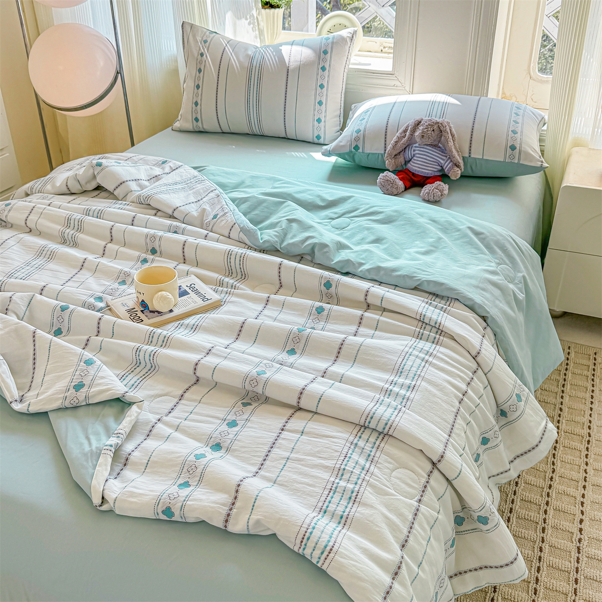 91家纺网 家纺一手货源 找家纺 灰鲸 2026新款全棉色织提花夏被夏凉被空调被 四叶星语-蓝