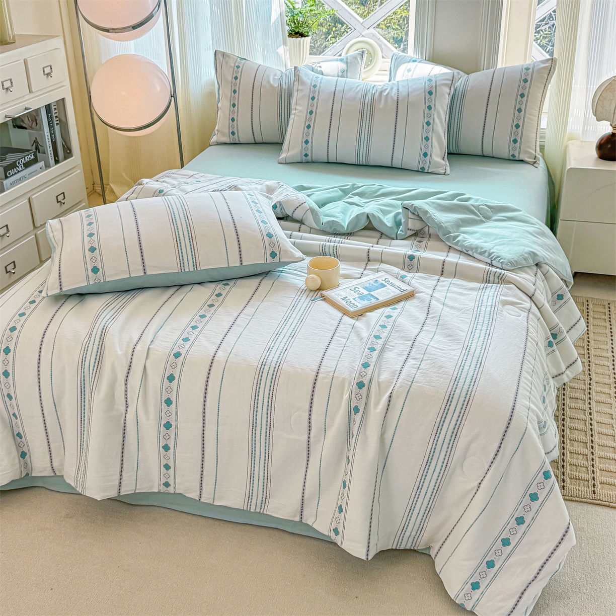 91家纺网 家纺一手货源 找家纺 灰鲸 2026新款全棉色织提花夏被夏凉被空调被 四叶星语-蓝