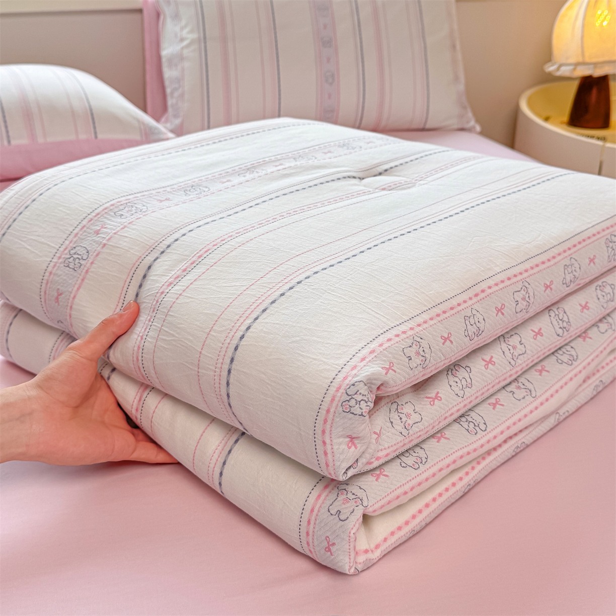 灰鲸 2026新款全棉色织提花夏被夏凉被空调被 线条小狗-粉