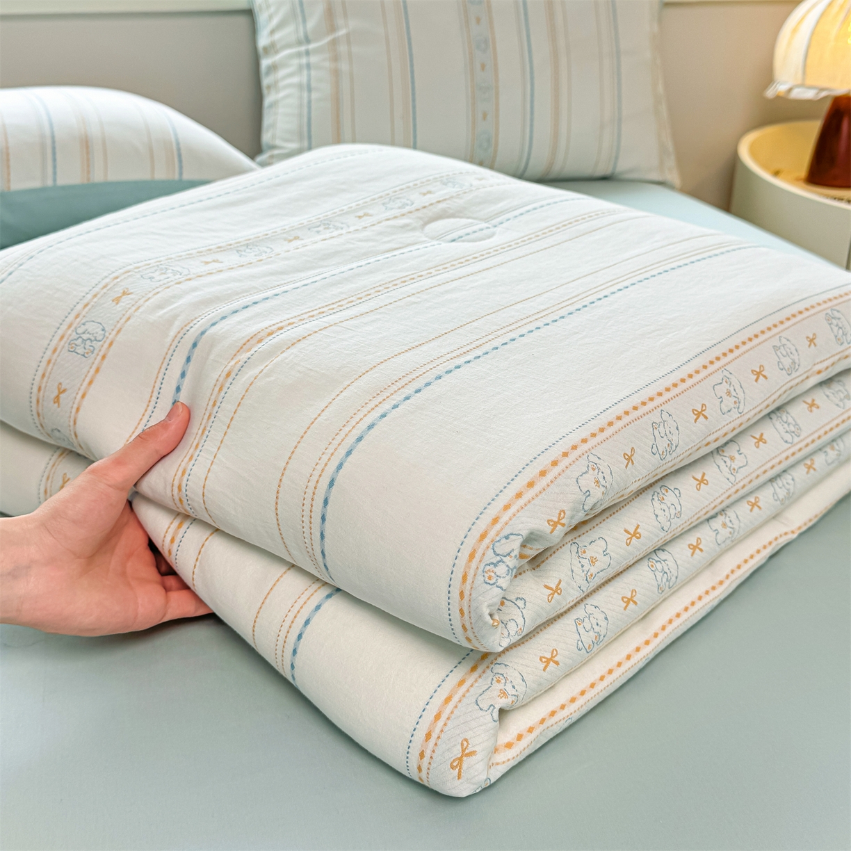 灰鲸 2026新款全棉色织提花夏被夏凉被空调被 线条小狗-蓝