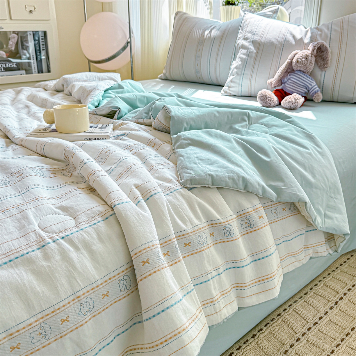 91家纺网 家纺一手货源 找家纺 灰鲸 2026新款全棉色织提花夏被夏凉被空调被 线条小狗-蓝