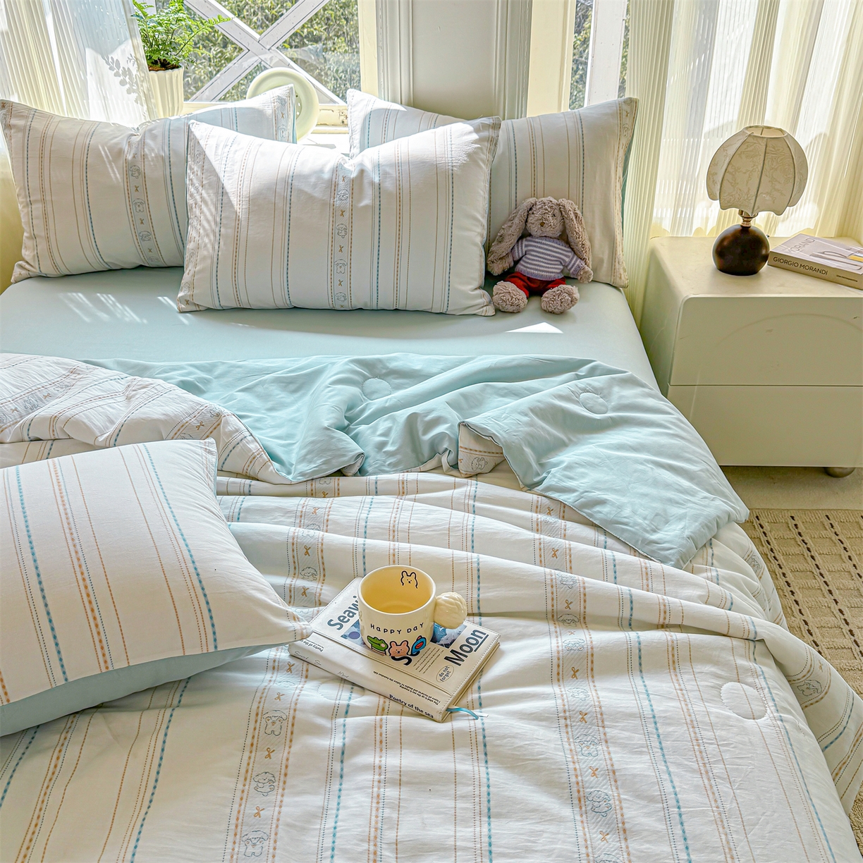 91家纺网 家纺一手货源 找家纺 灰鲸 2026新款全棉色织提花夏被夏凉被空调被 线条小狗-蓝