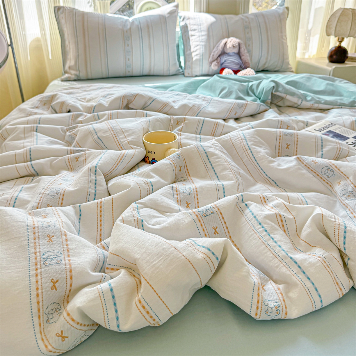 91家纺网 家纺一手货源 找家纺 灰鲸 2026新款全棉色织提花夏被夏凉被空调被 线条小狗-蓝