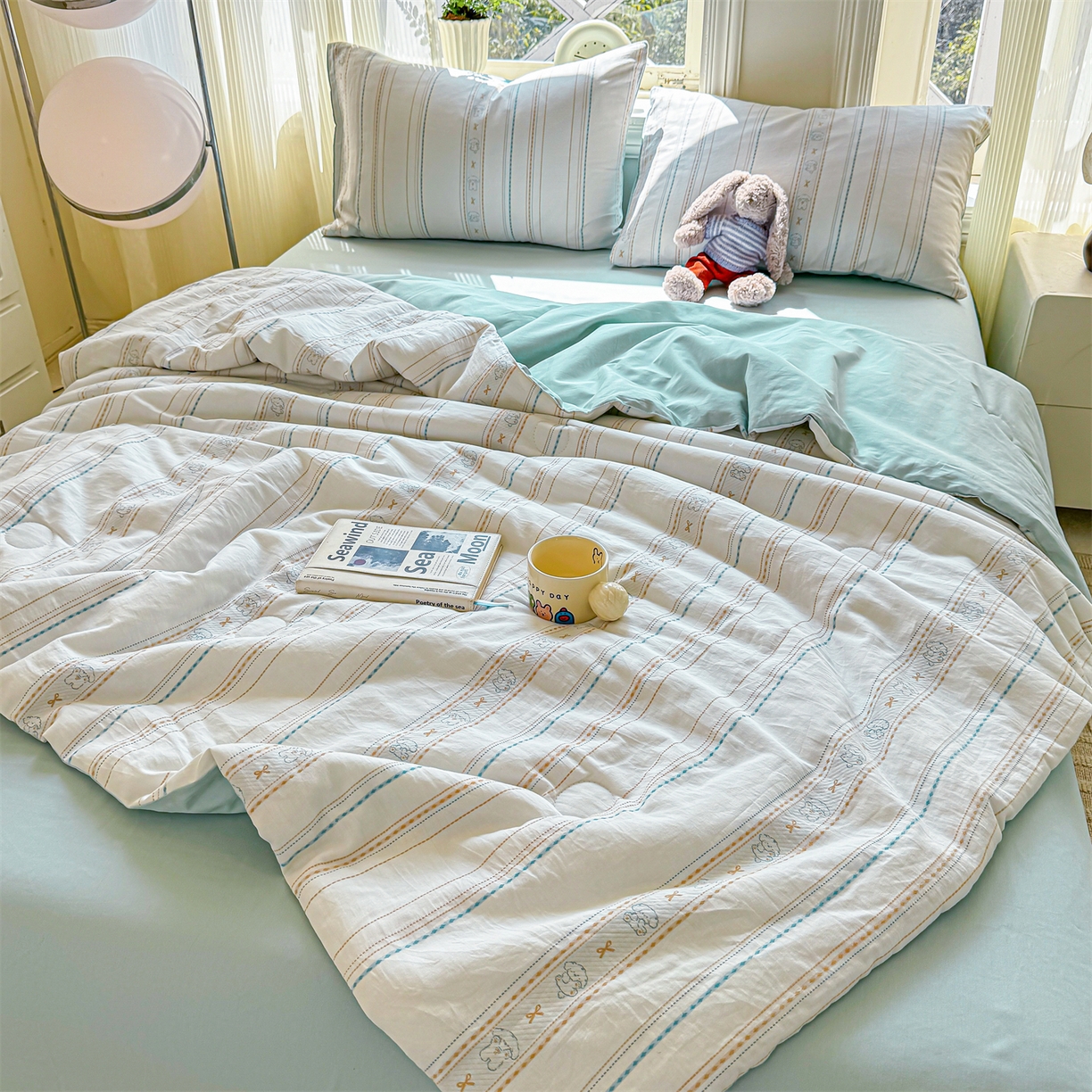 91家纺网 家纺一手货源 找家纺 灰鲸 2026新款全棉色织提花夏被夏凉被空调被 线条小狗-蓝