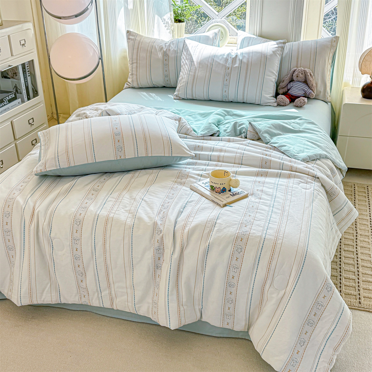 91家纺网 家纺一手货源 找家纺 灰鲸 2026新款全棉色织提花夏被夏凉被空调被 线条小狗-蓝