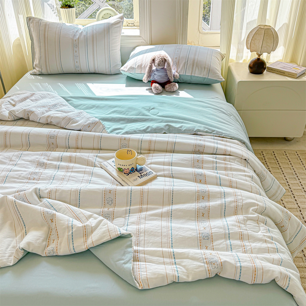 91家纺网 家纺一手货源 找家纺 灰鲸 2026新款全棉色织提花夏被夏凉被空调被 线条小狗-蓝