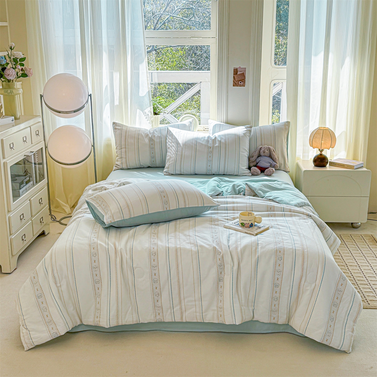 91家纺网 家纺一手货源 找家纺 灰鲸 2026新款全棉色织提花夏被夏凉被空调被 线条小狗-蓝