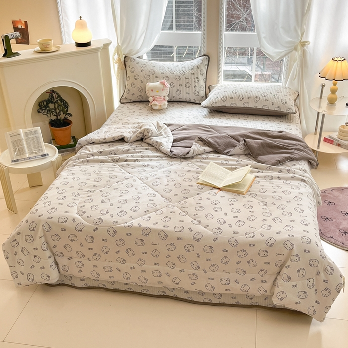 91家纺网 家纺一手货源 找家纺 几禾 2026新款云感双层纱7A抗菌夏被四件套系列-栀夏系列 栀夏-猫咪