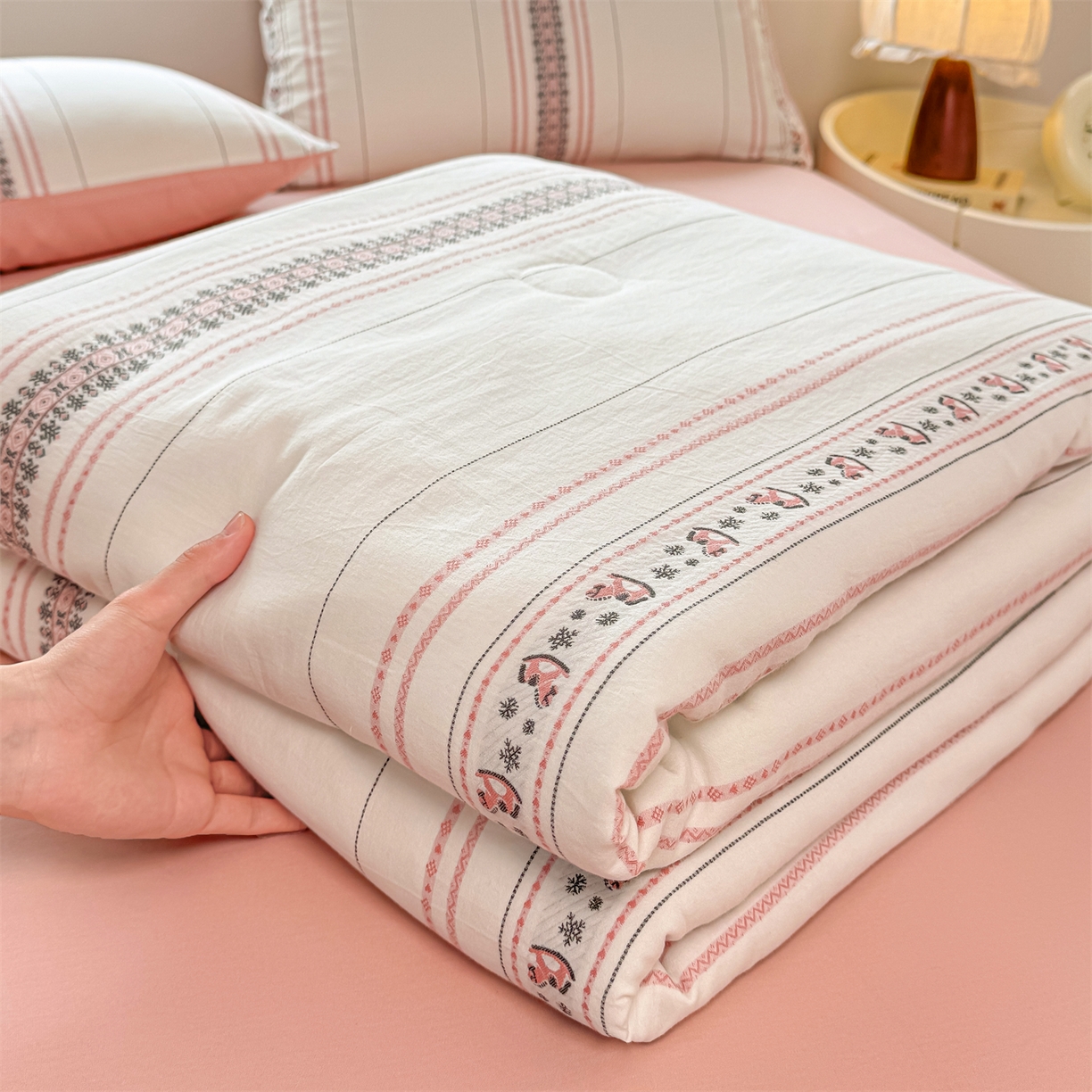 灰鲸 2026新款全棉色织提花夏被夏凉被空调被 费尔岛小马-粉