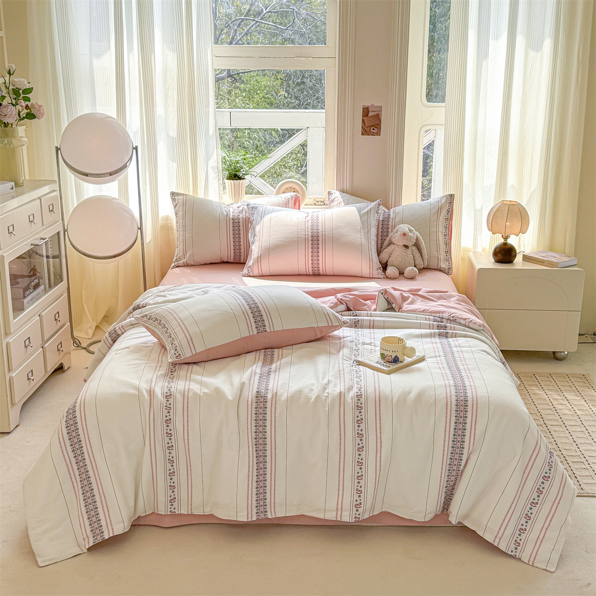 91家纺网 家纺一手货源 找家纺 灰鲸 2026新款全棉色织提花夏被夏凉被空调被 费尔岛小马-粉