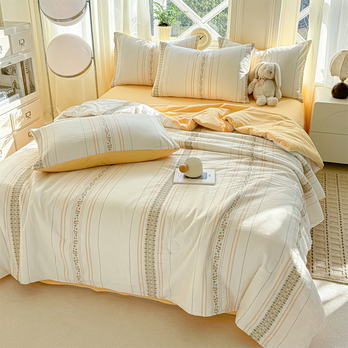 91家纺网 家纺一手货源 找家纺 灰鲸 2026新款全棉色织提花夏被夏凉被空调被 费尔岛小马-黄