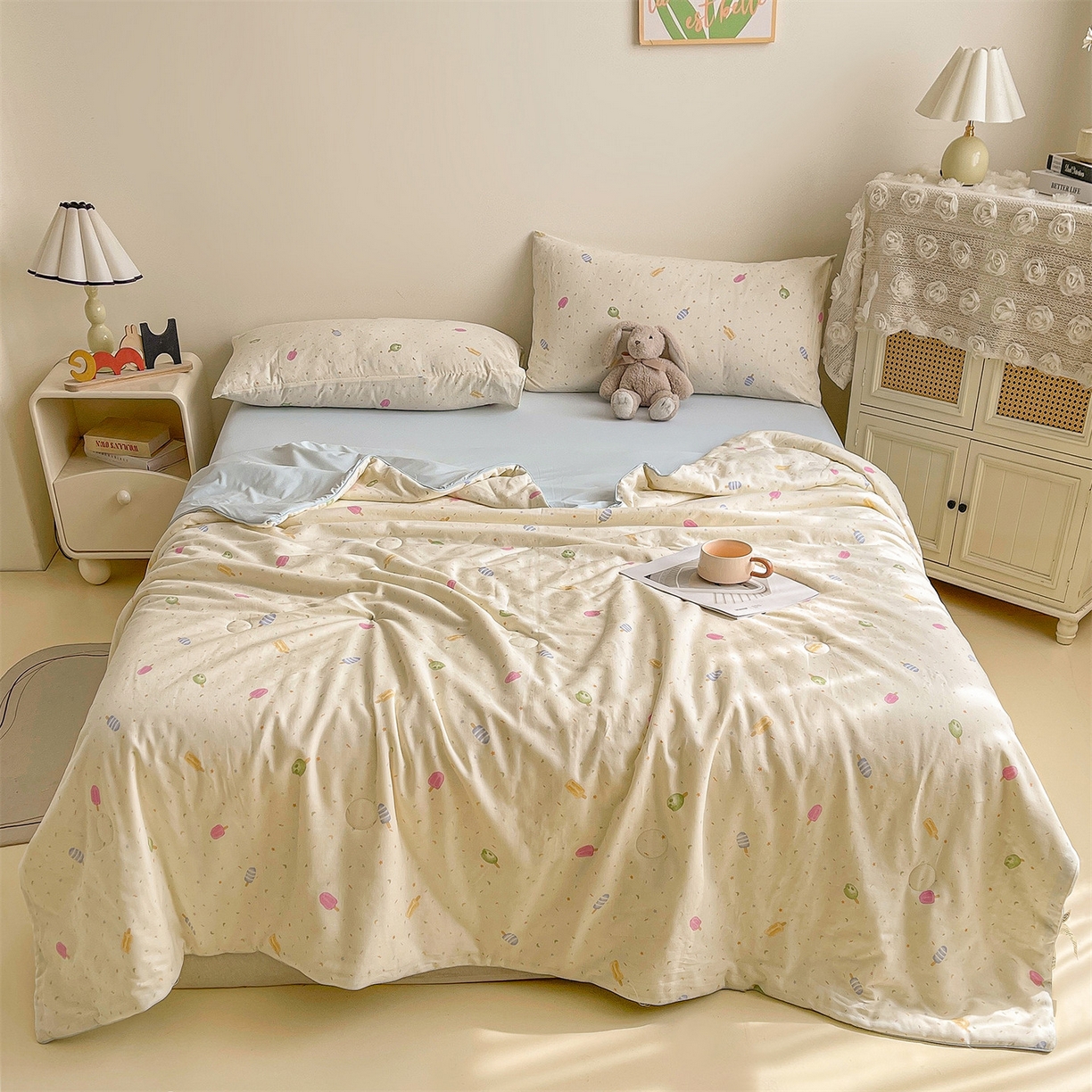 91家纺网 家纺一手货源 找家纺 小禹仔家纺 2026新款A类印花双层纱凉感大豆夏被 棒棒冰