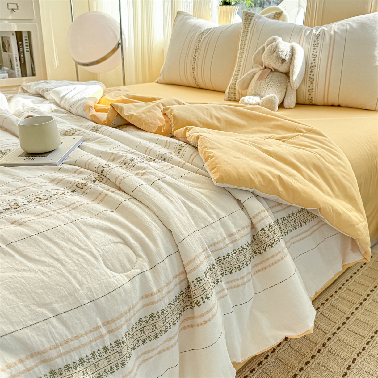 91家纺网 家纺一手货源 找家纺 灰鲸 2026新款全棉色织提花夏被夏凉被空调被 费尔岛小马-黄